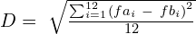 D=\ \sqrt{\frac{\sum_{^{i=1}}^{12}\left(fa_i\ -\ fb_i\right)^2}{12}}